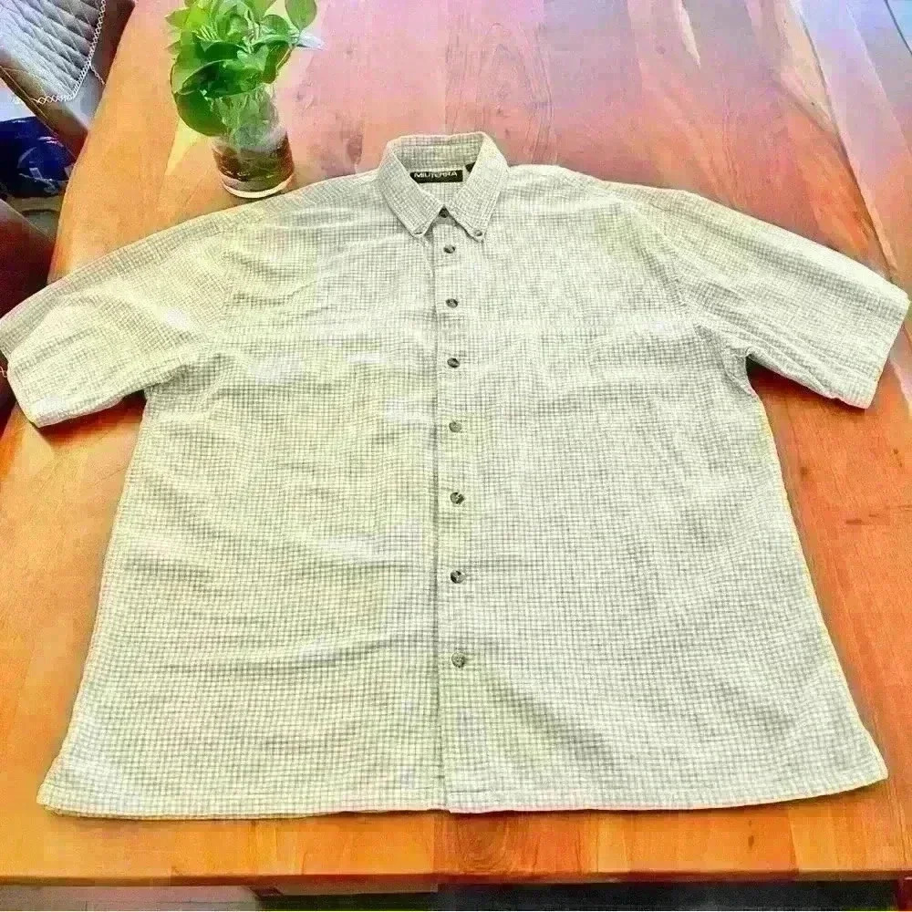 Vintage Oversized Plaid  Gingham Pastel Green Short Sleeves Button Down Shirt.
